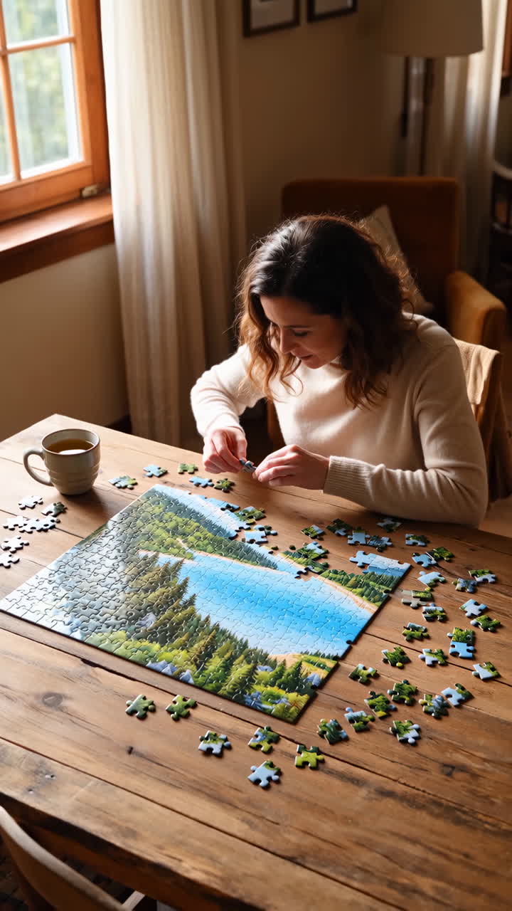 A woman concentrating on assembling a scenic jigsaw puzzle at a wooden table