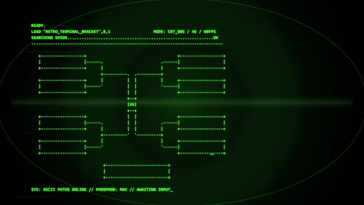 Retro Computer Terminal Displaying Tournament Bracket Interface