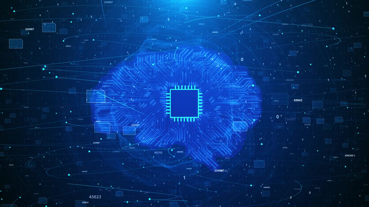 Blue global processor network background with glowing chip circuit brain data numbers orbit lines ai