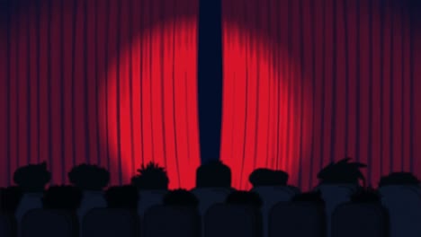 Animación-De-Focos-Moviéndose-Sobre-La-Apertura-De-Cortinas-Rojas-Y-Audiencia-En-El-Cine-Sobre-Fondo-Azul