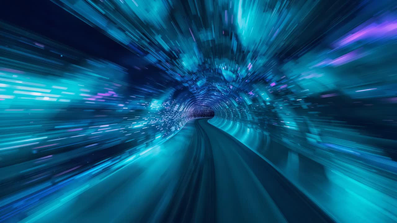 Avvio in avanti della telecamera che si muove lungo un tunnel illuminato, con LED e corsia centrale che sfrecciano verso l'uscita