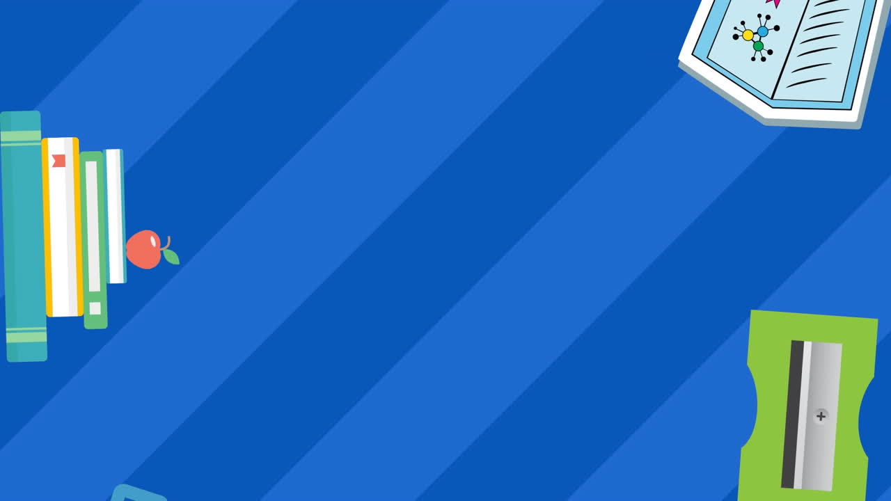 animación de iconos de concepto escolar que caen contra un fondo a rayas azules con espacio de copia