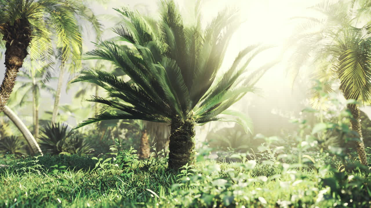 Lush tropical landscape bathed in sunlight with vibrant greenery