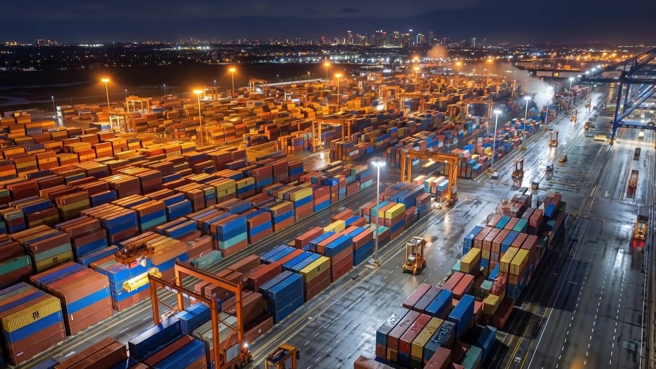 Ampia vista aerea di un porto commerciale illuminato a giorno con gru e container di notte