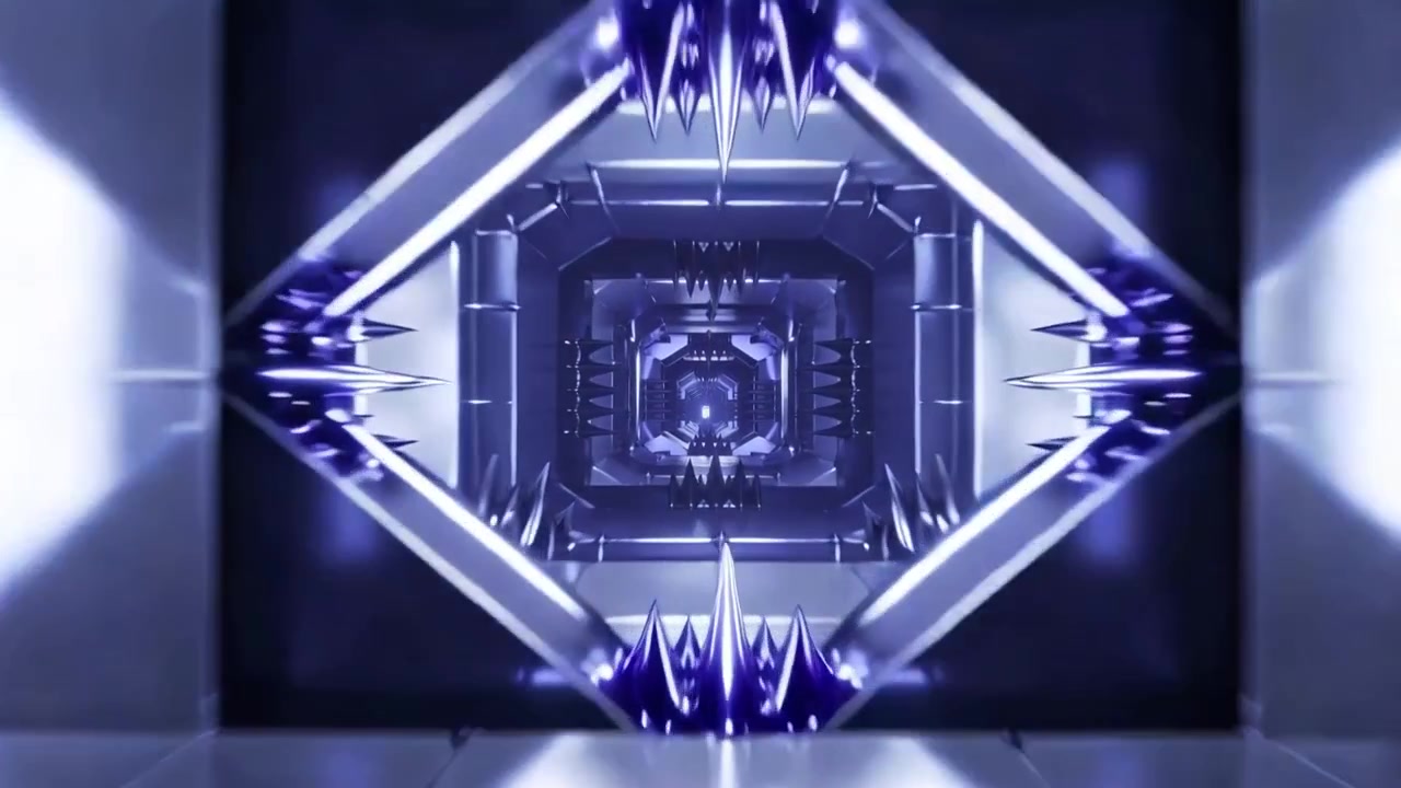 Pulling camera moving down metallic corridor, revealing mirrored panels, octagonal rings and spikes