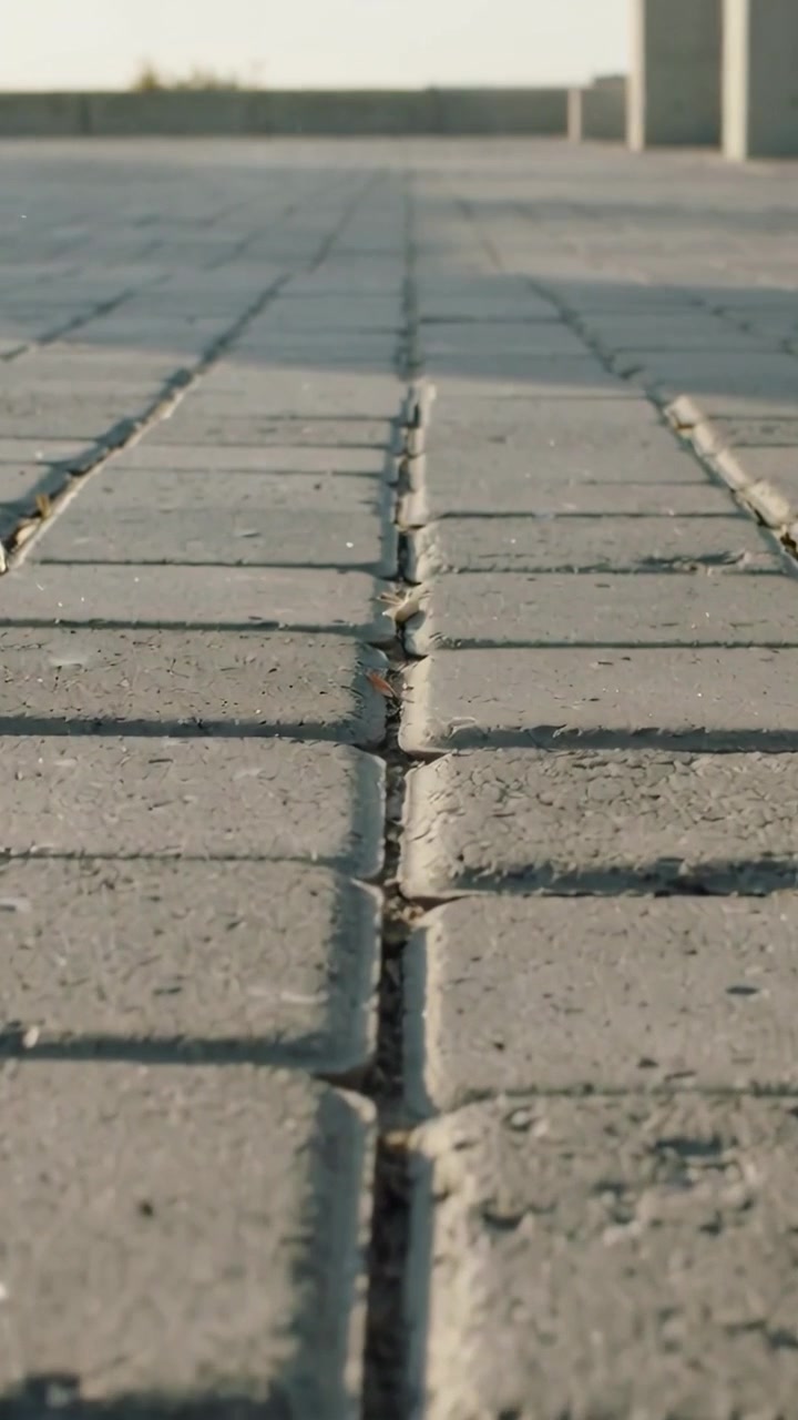 Vertical video: Pulling camera back from tight focus, revealing seam on concrete pavers with leaves