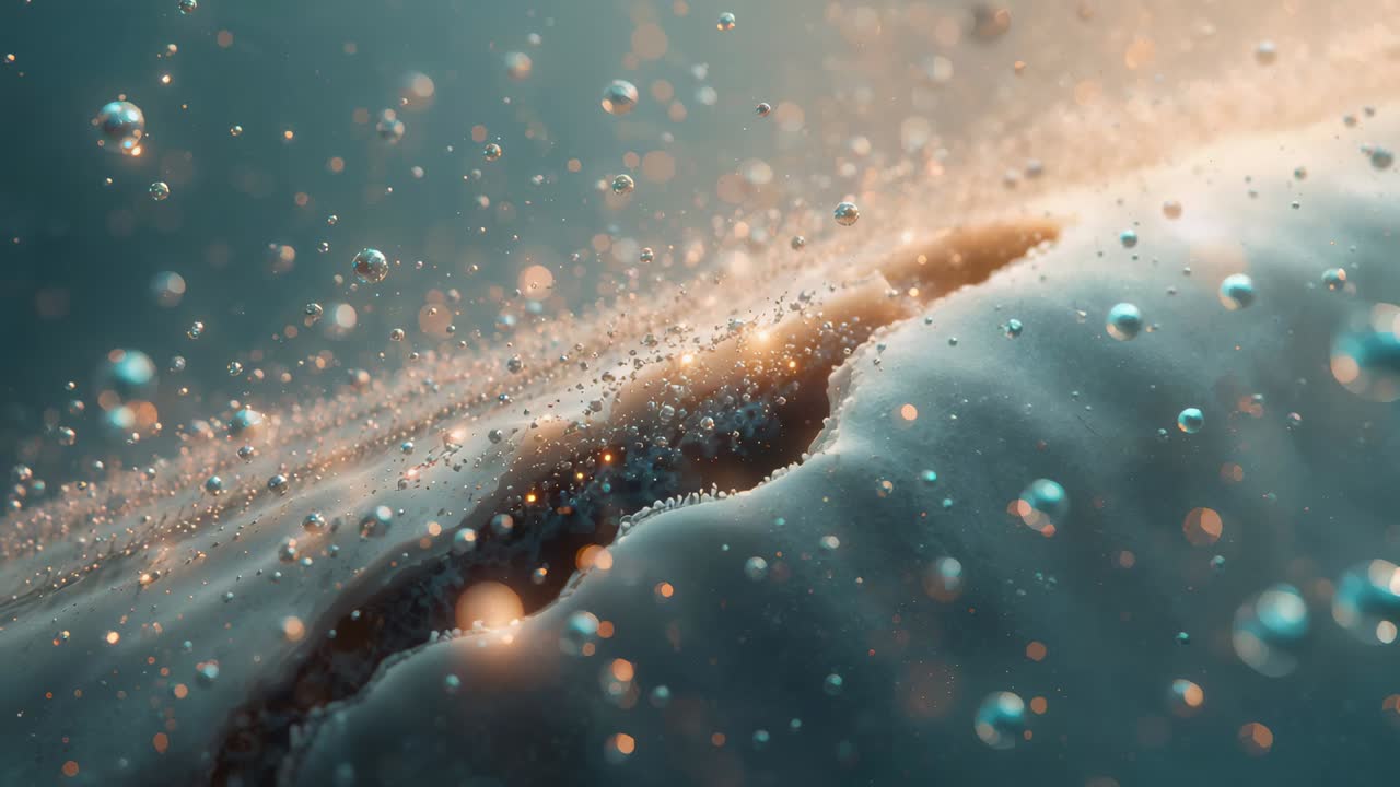 Bolle fluttuanti e gocce che salgono lungo la cavità creata da una cresta ruvida in un serbatoio, flusso che causa una luminescenza color verde acqua