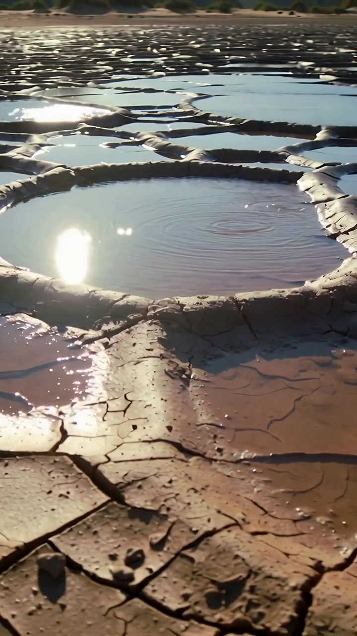 Vertical video: Moving camera showing mud rings with water and ripples on shore to reveal pattern