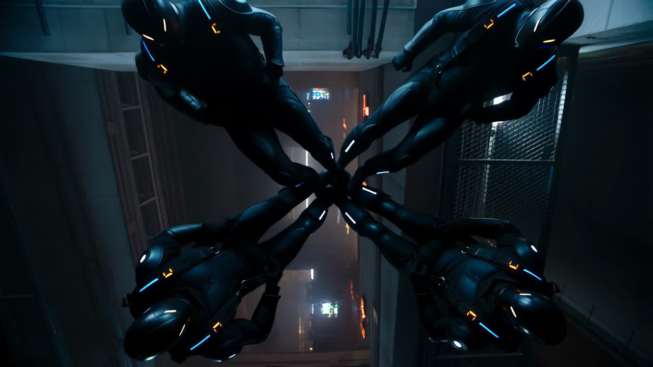 Four Figures in Futuristic Suits Forming an X