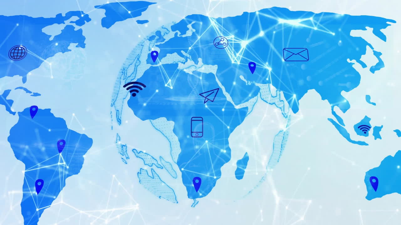 Digital communication icons and network connections over blue world map animation