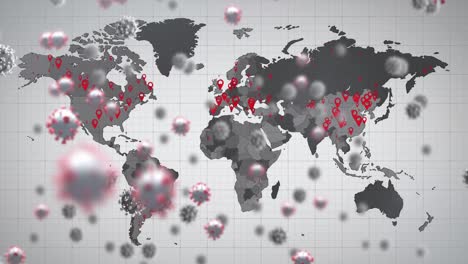 animación de células macro covid-19 flotando en un fondo gris con un mapa del mundo