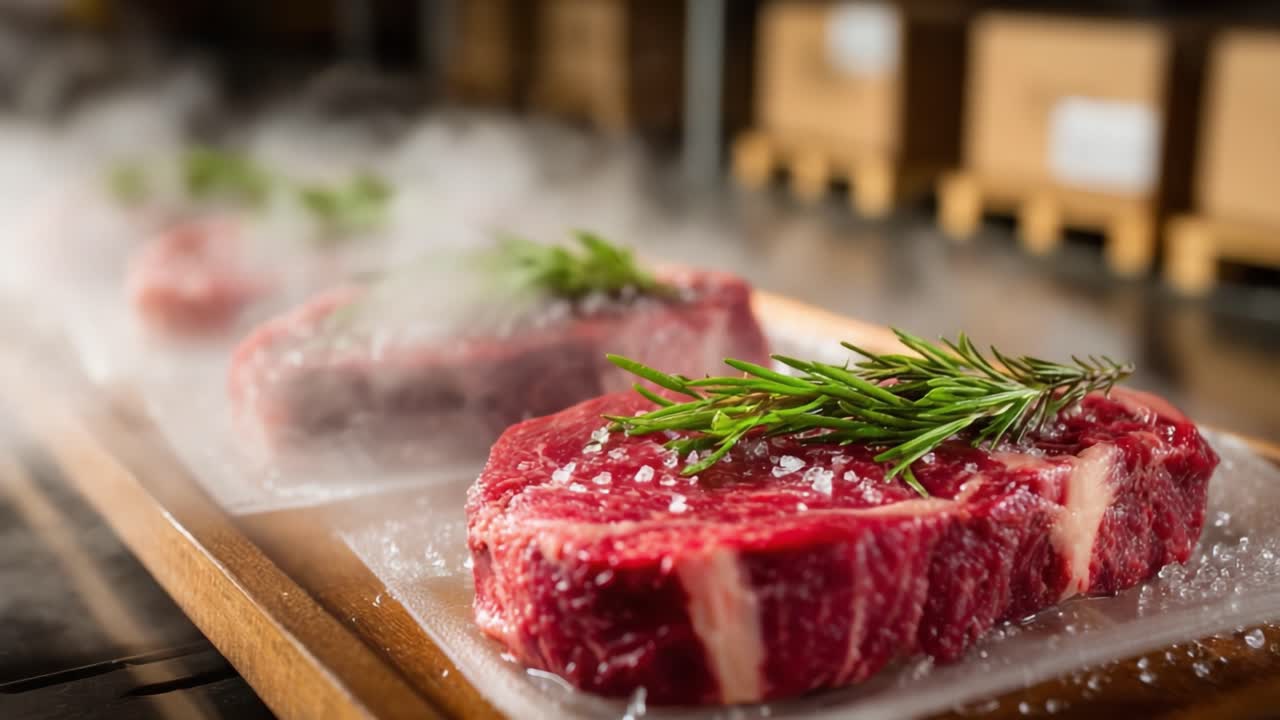 Freshly Cut Ribeye Steaks Garnished with Rosemary and Sea Salt, Perfect for Grilling or Fine Dining, Displayed on a Rustic Wooden Platter with a Smoky Effect