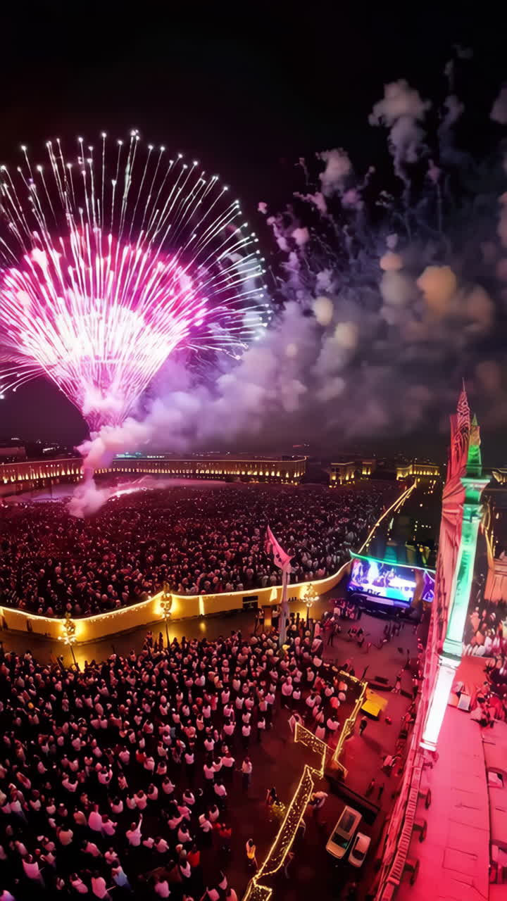 Night Celebration with Fireworks and Large Crowd