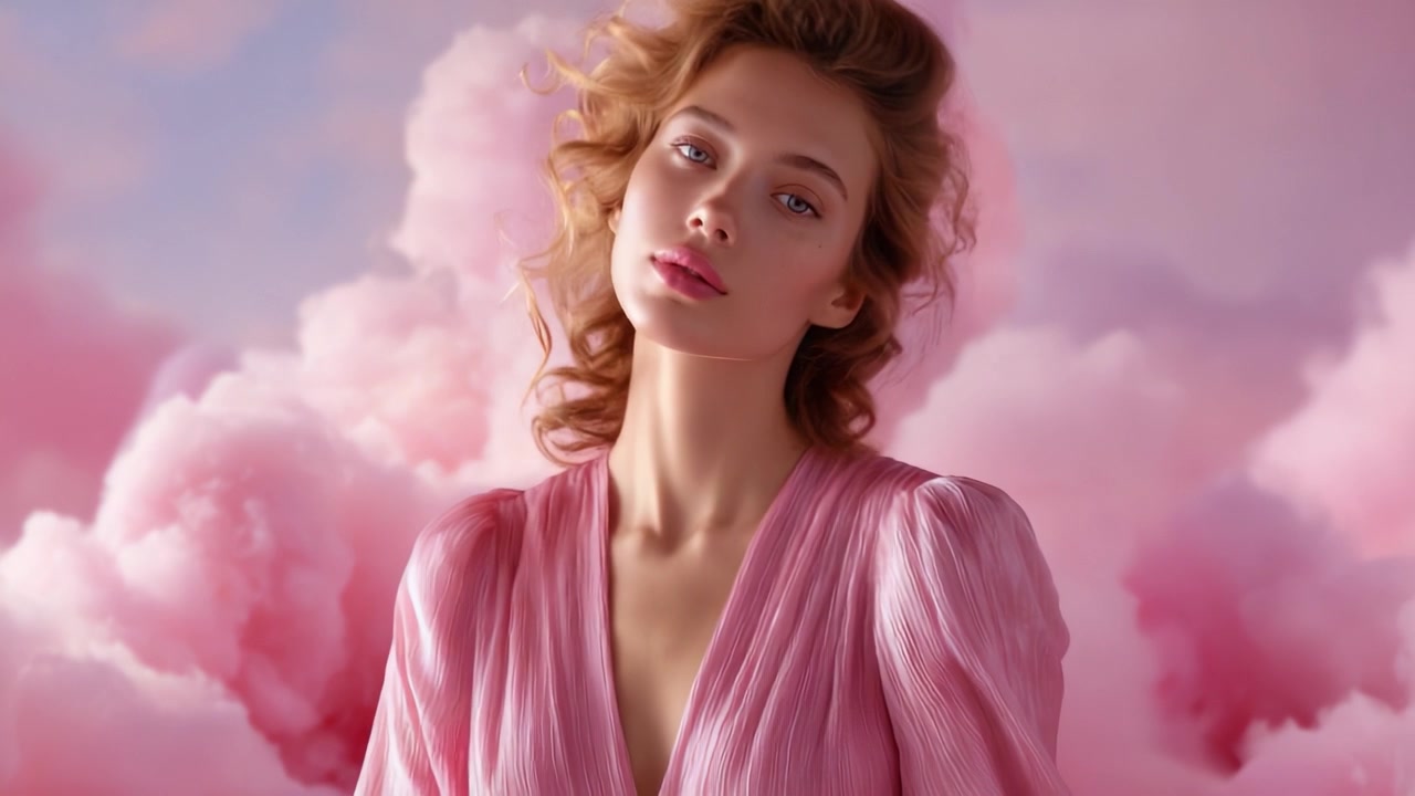 Una giovane donna serena in posa in un'ambientazione da sogno con nuvole rosa, che emana bellezza e grazia con illuminazione soffusa ed espressioni delicate, catturata con eleganza eterea.