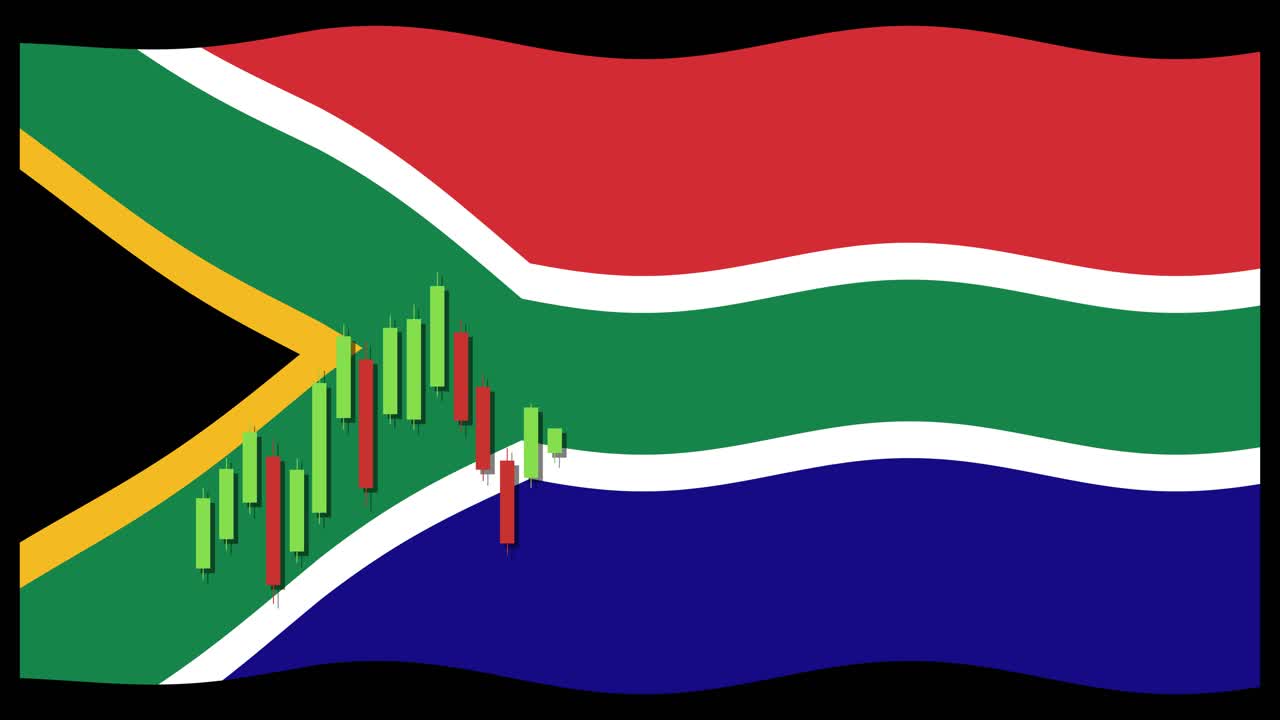 Animation of a candlestick graph overlaid on the South African flag, illustrating financial trends with vibrant colors and smooth transitions