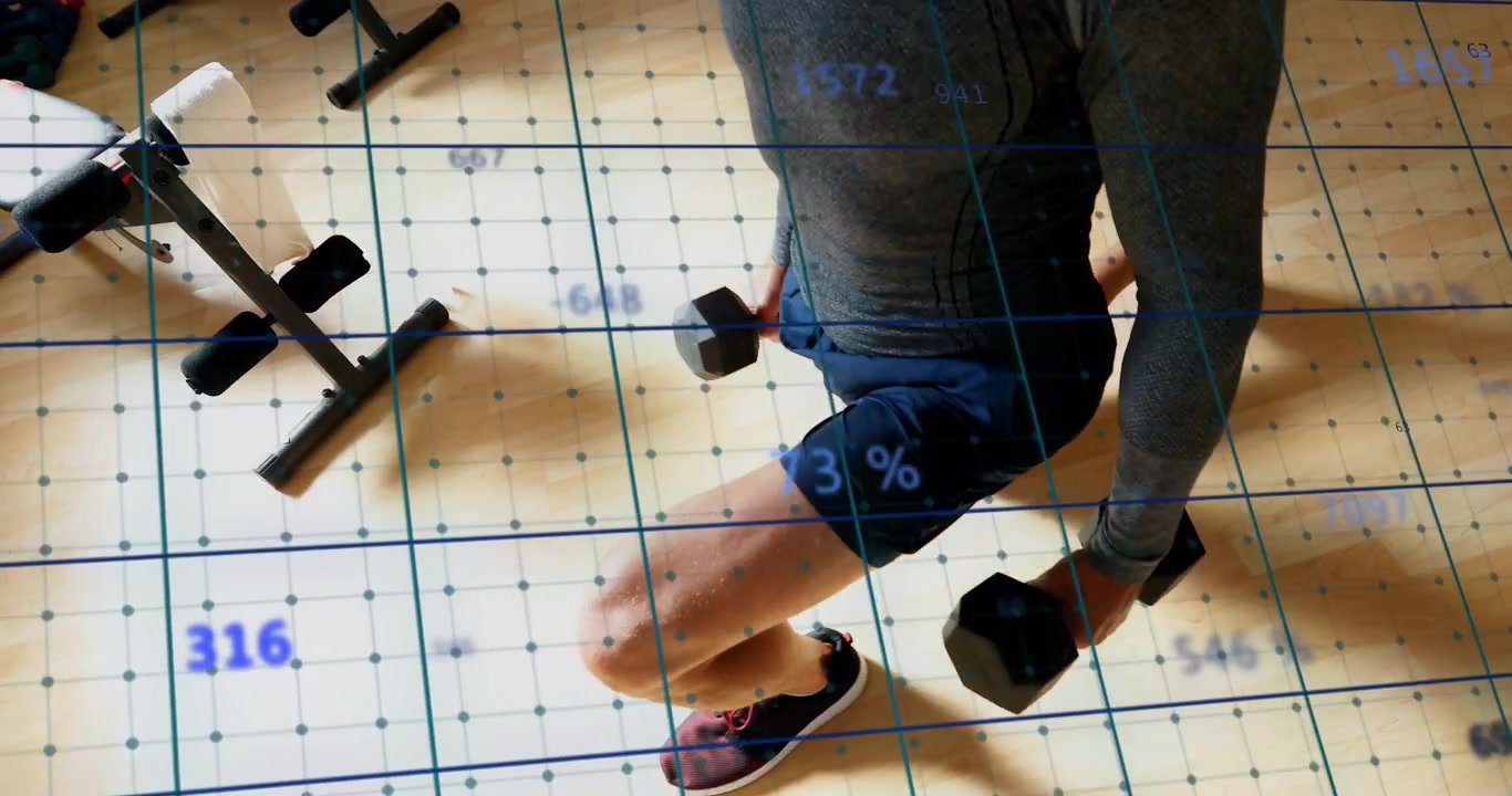 Middle-aged man gripping dumbbells and performing lunging on grid with health metrics updating