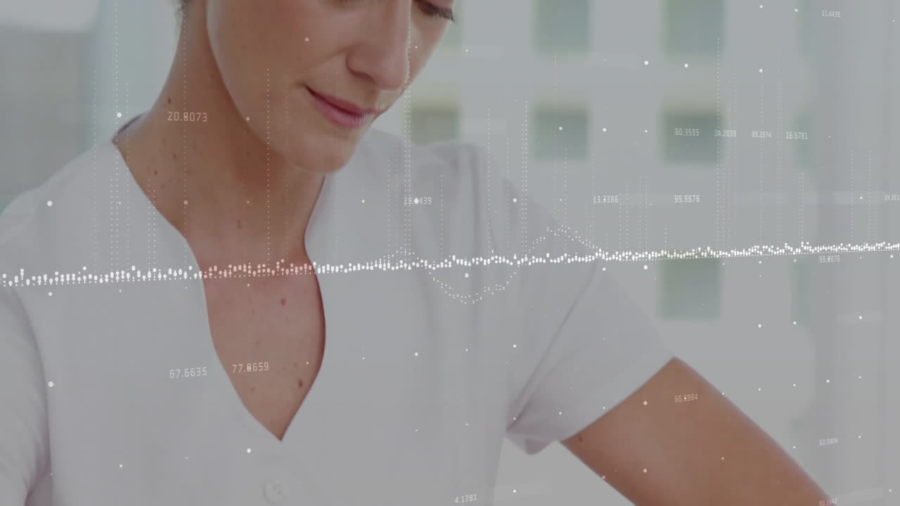 In school, healthcare professional analyzing data visualization overlay in clinical setting