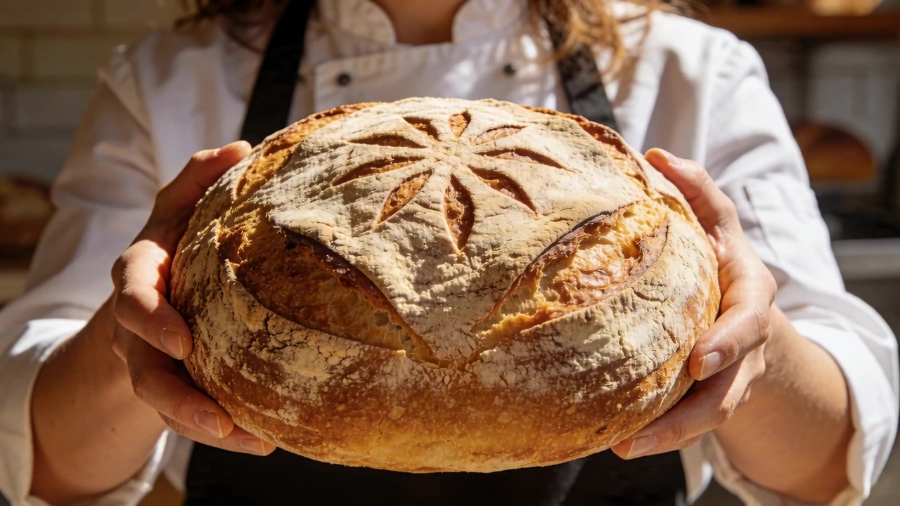 Lifting baker wearing chef jacket and black apron, showing round loaf at bakery to showcase scoring