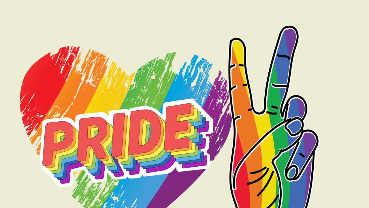 Animation of rainbow coloured pride text with victory sign over rainbow heart