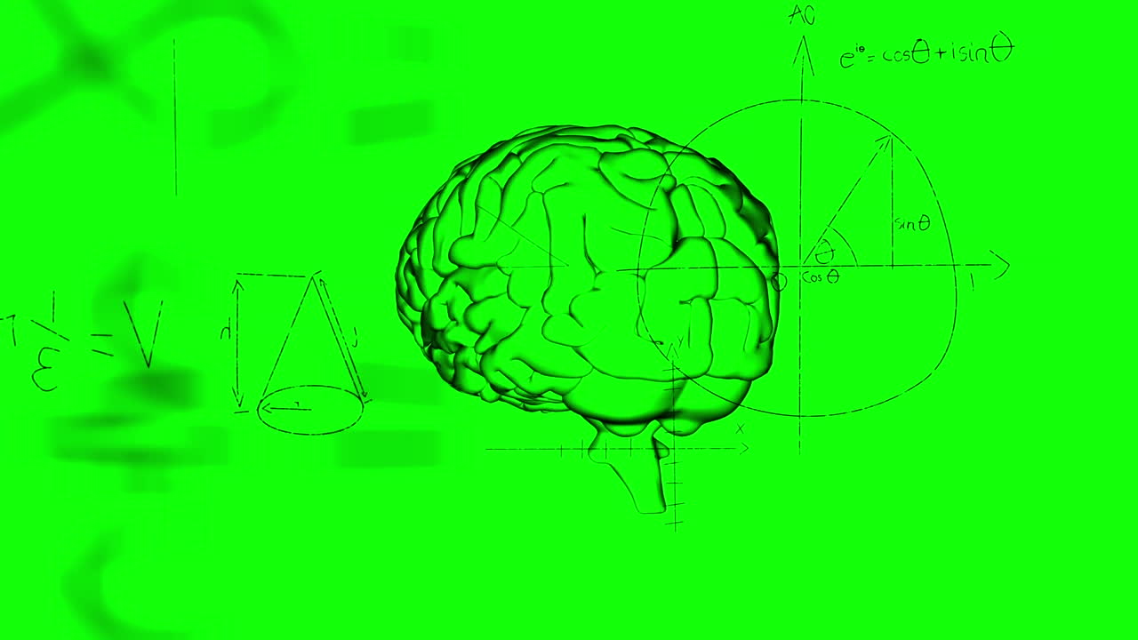 녹색 배경에 대한 인간의 디지털 뇌에 대한 수학적 방정식과 다이어그램의 애니메이션