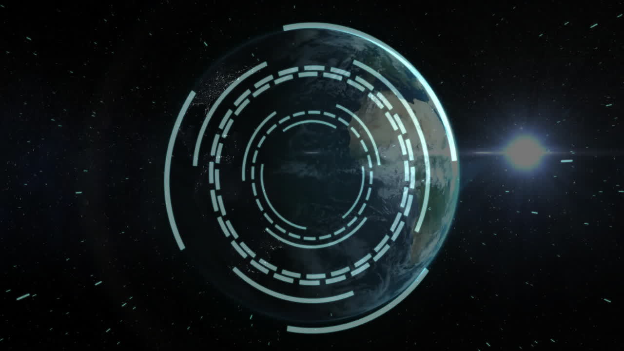 Digital interface animation over Earth in space with glowing circular patterns