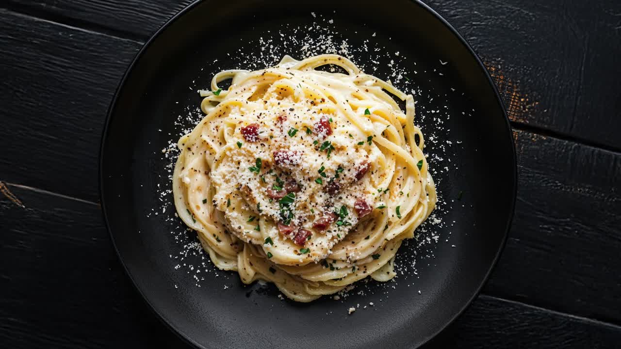 크리미한 카보나라 파스타의 접시의 클로즈업