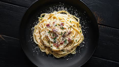 close-up of a plate of creamy carbonara pasta