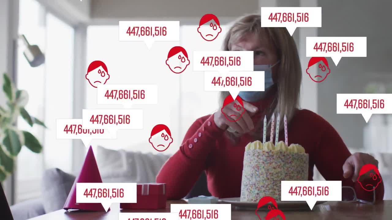 animación de números e iconos sobre una mujer caucásica mayor con máscara facial celebrando su cumpleaños