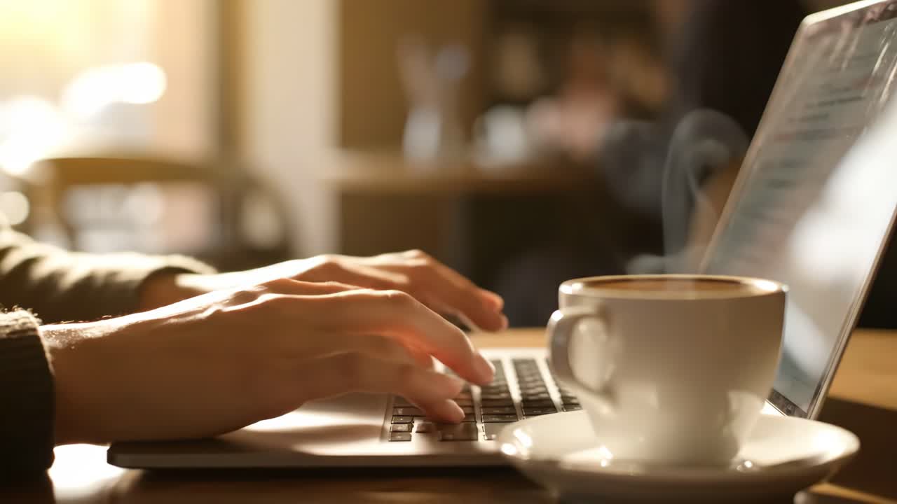 Pessoa trabalhando em um notebook com um café em uma cafeteria