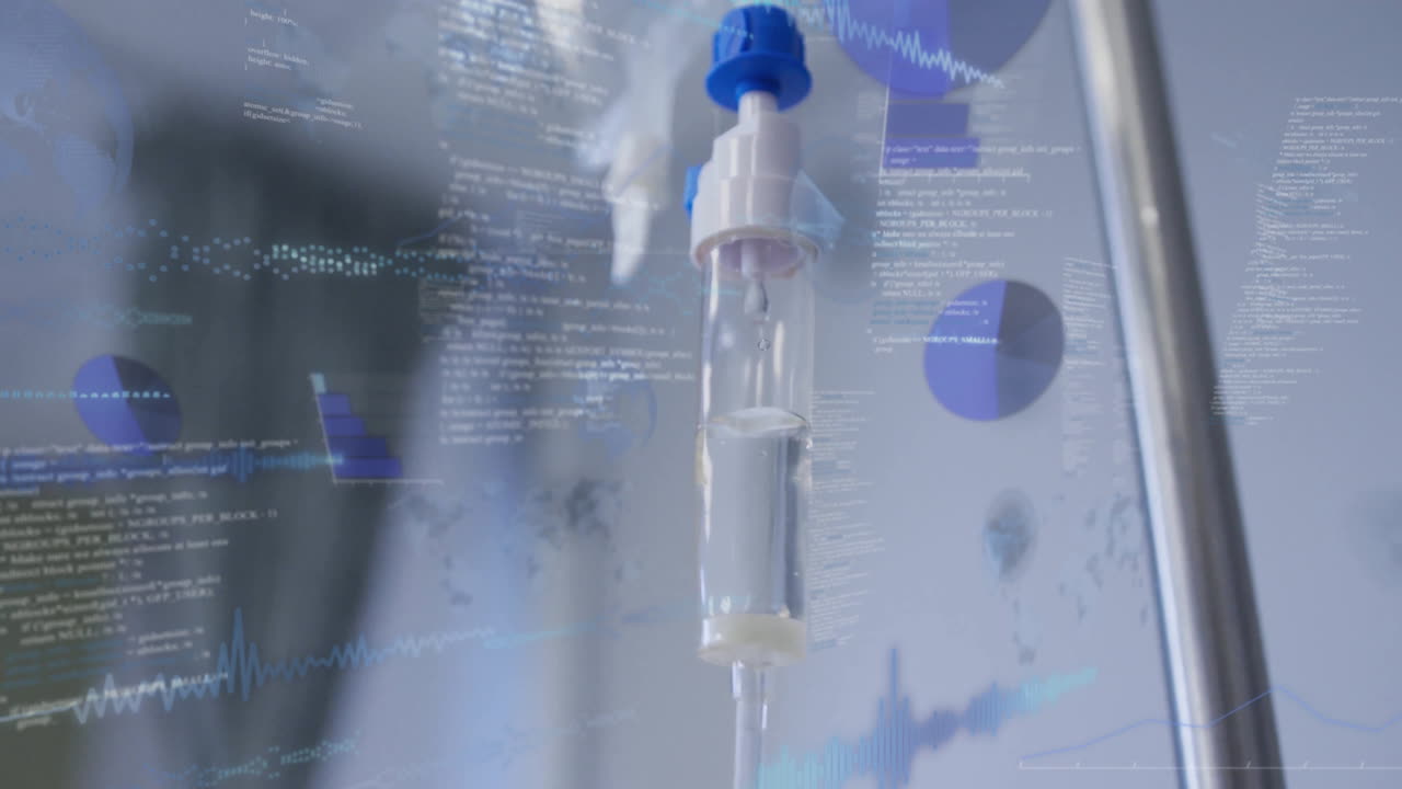Animation of data processing and diagrams over drip in hospital