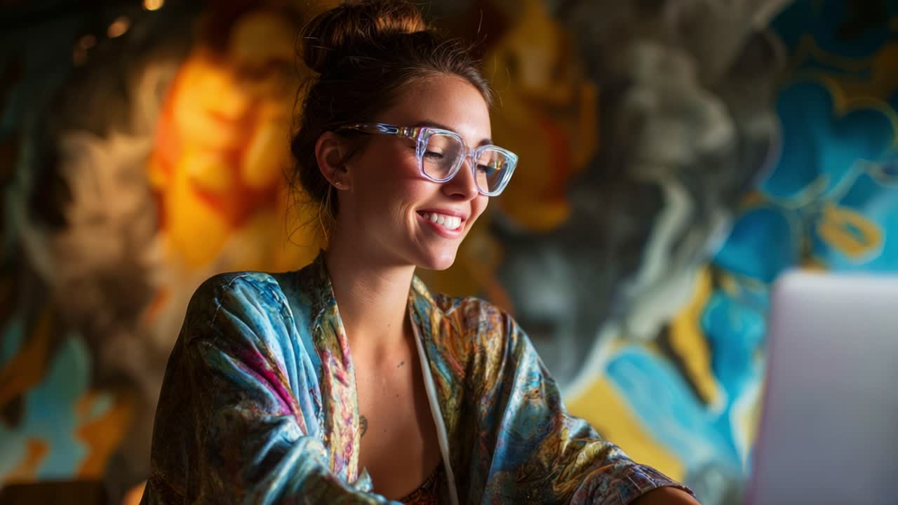 A young woman with glasses smiles while working on her laptop, dressed in a colorful robe. The vibrant backdrop features artistic murals, creating a lively atmosphere for creativity and focus
