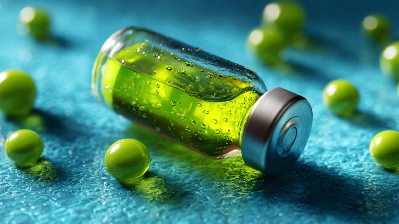 A Close-Up of a Green Vial Surrounded by Colorful Gel Balls on a Vibrant Blue Surface, Capturing the Essence of Wellness and Natural Ingredients in a Captivating Visual