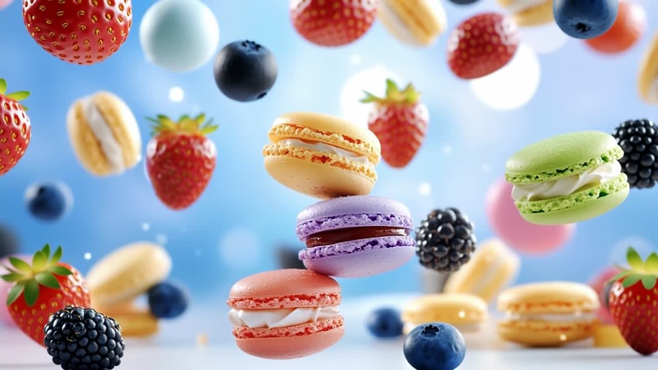 Festive macaron and berry mix. Colorful macarons mingle with fresh berries, set against a vibrant backdrop for a playful scene.