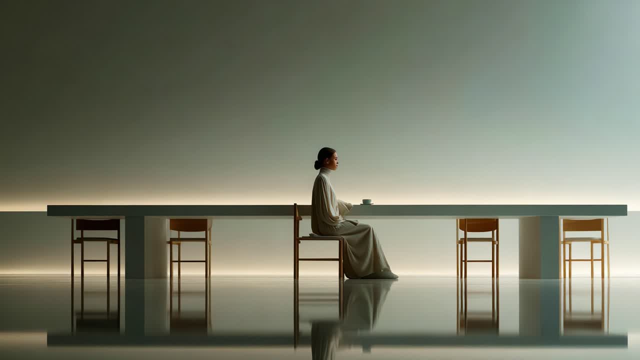 A serene moment captured within a minimalist space, showcasing a contemplative figure seated at a long, empty table, embodying tranquility and solitude in an elegantly designed environment