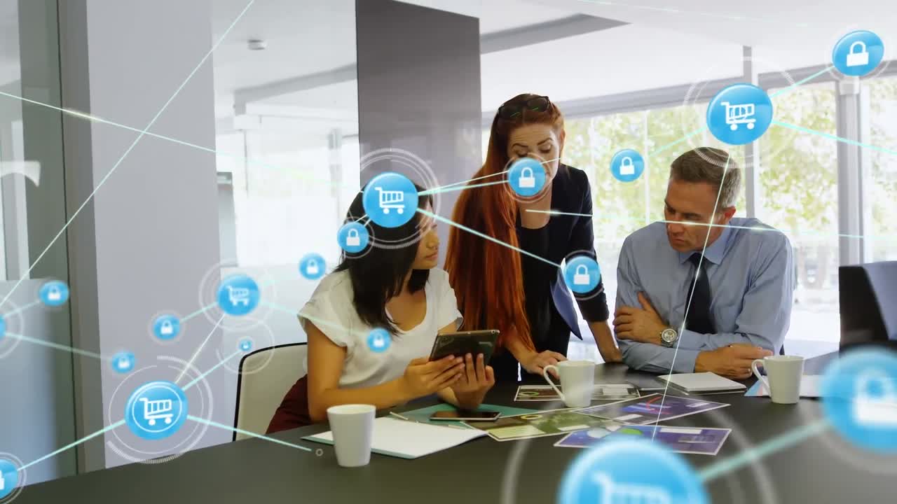 animación de la red de conexiones con iconos sobre diversas personas de negocios hablando en la oficina