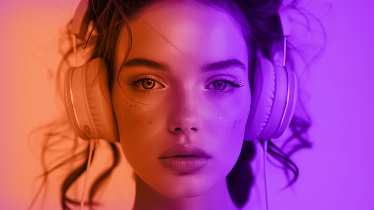 female headshots wearing music headphones and cables generated with AI