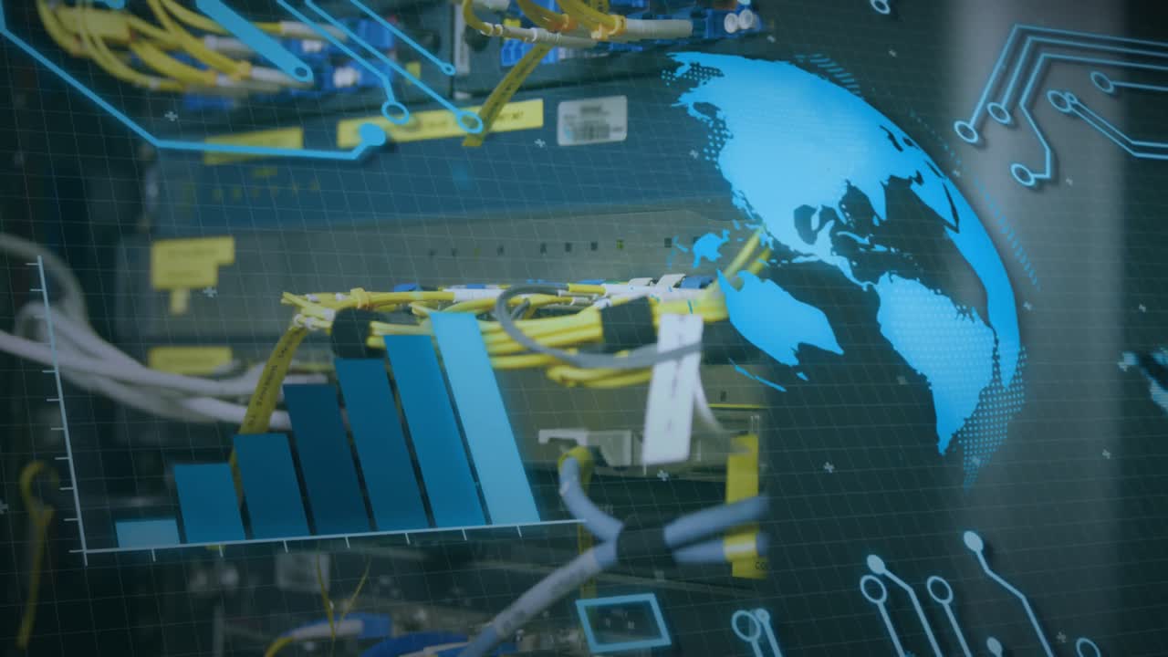 Animation of globe spinning and data processing over cables in computer server in background