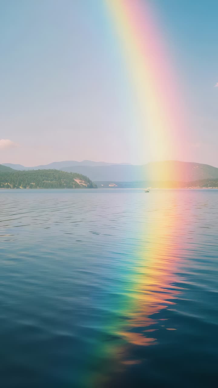 Vertical video: Sunlight and moisture making rainbow drifting right over lake reflecting near boat