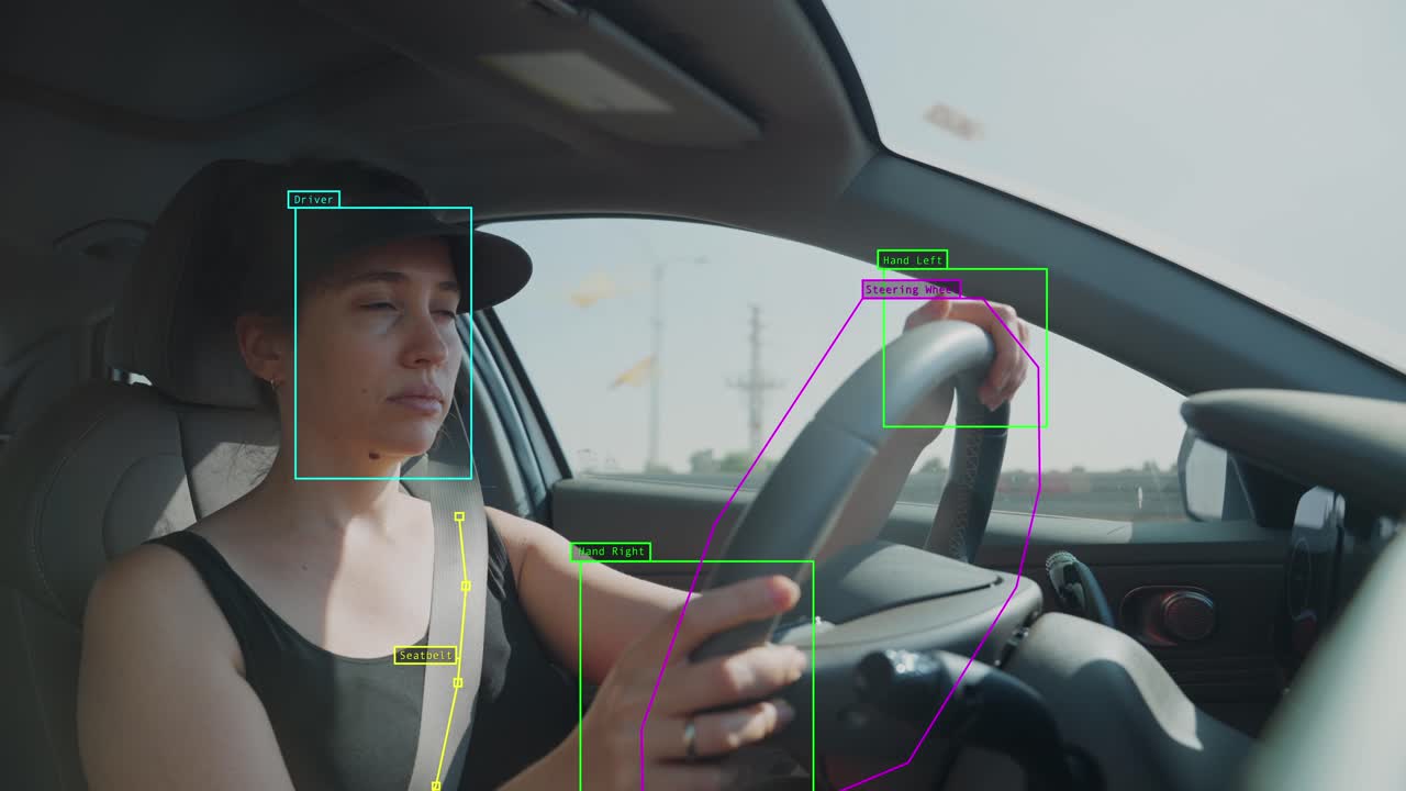 Woman driving in sedan car with artificial intelligence scanning or reading activity. AI recognition of human operating vehicle. Machine learning algorithm gathering driving data info on highway road