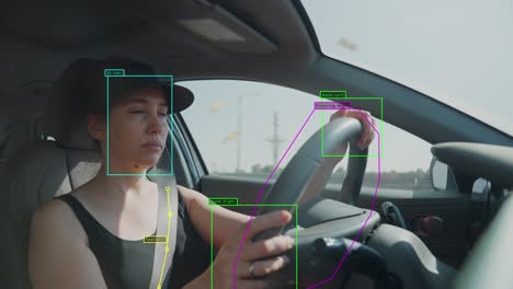 woman driving in sedan car with artificial intelligence scanning or reading activity. ai recognition of human operating vehicle. machine learning algorithm gathering driving data info on highway road