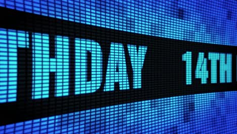 digital display showing friday the 14th and happy birthday message