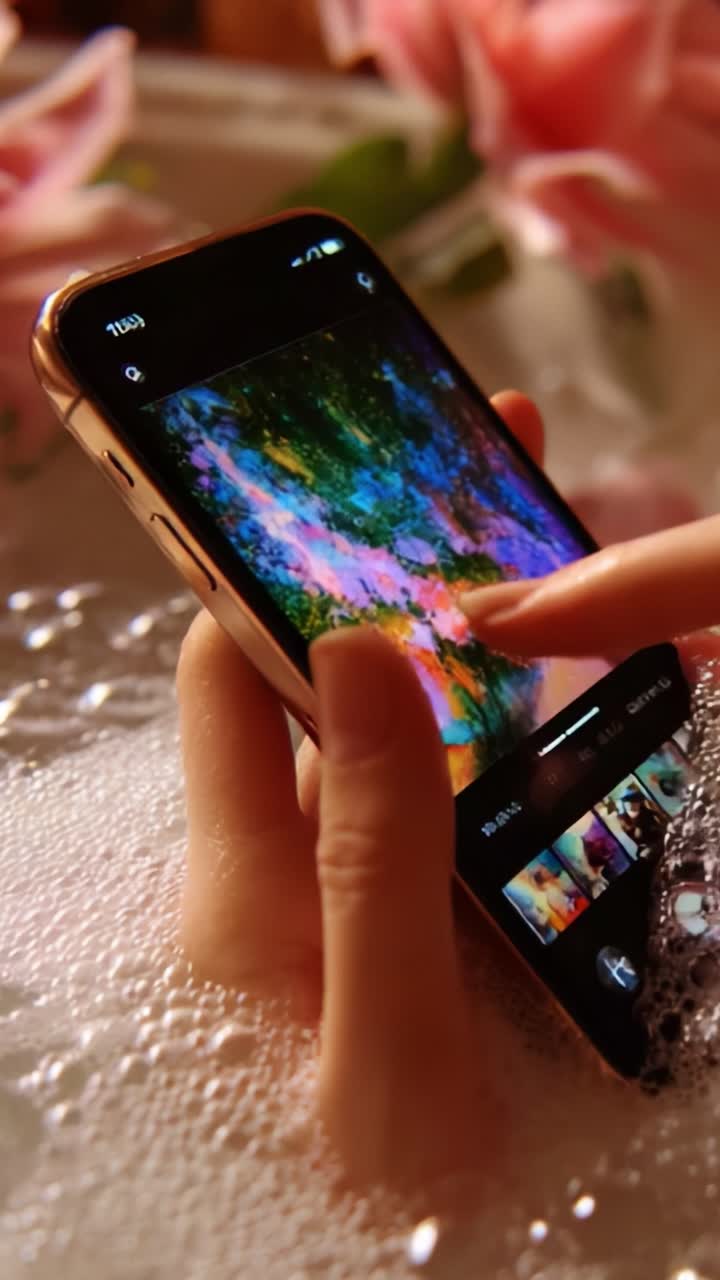 Aesthetic Moments in a Relaxing Bath: Capturing Vibrant Images on a Phone Surrounded by Bubbles and Soft Petals, Emphasizing the Serenity and Joy of Self-Care in a Soothing Environment