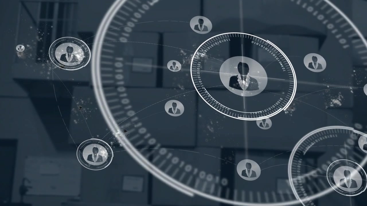 Dati in deriva che attivano anelli HUD attorno all'icona utente centrale sopra un magazzino, visualizzando la rete