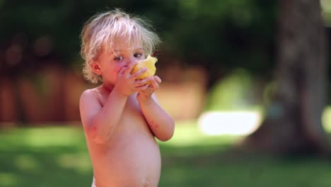 candid portrait of infant boy eating fruit outdoors in 4k clip resolution