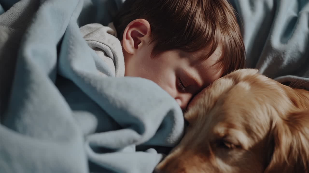 Young Child and Dog Sleeping Peacefully Under a Blanket