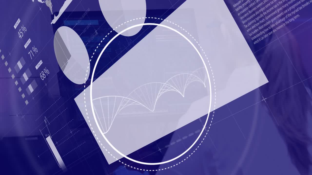 데이터 처리 및 dna 스트랜드의 애니메이션 백인 여성 과학자