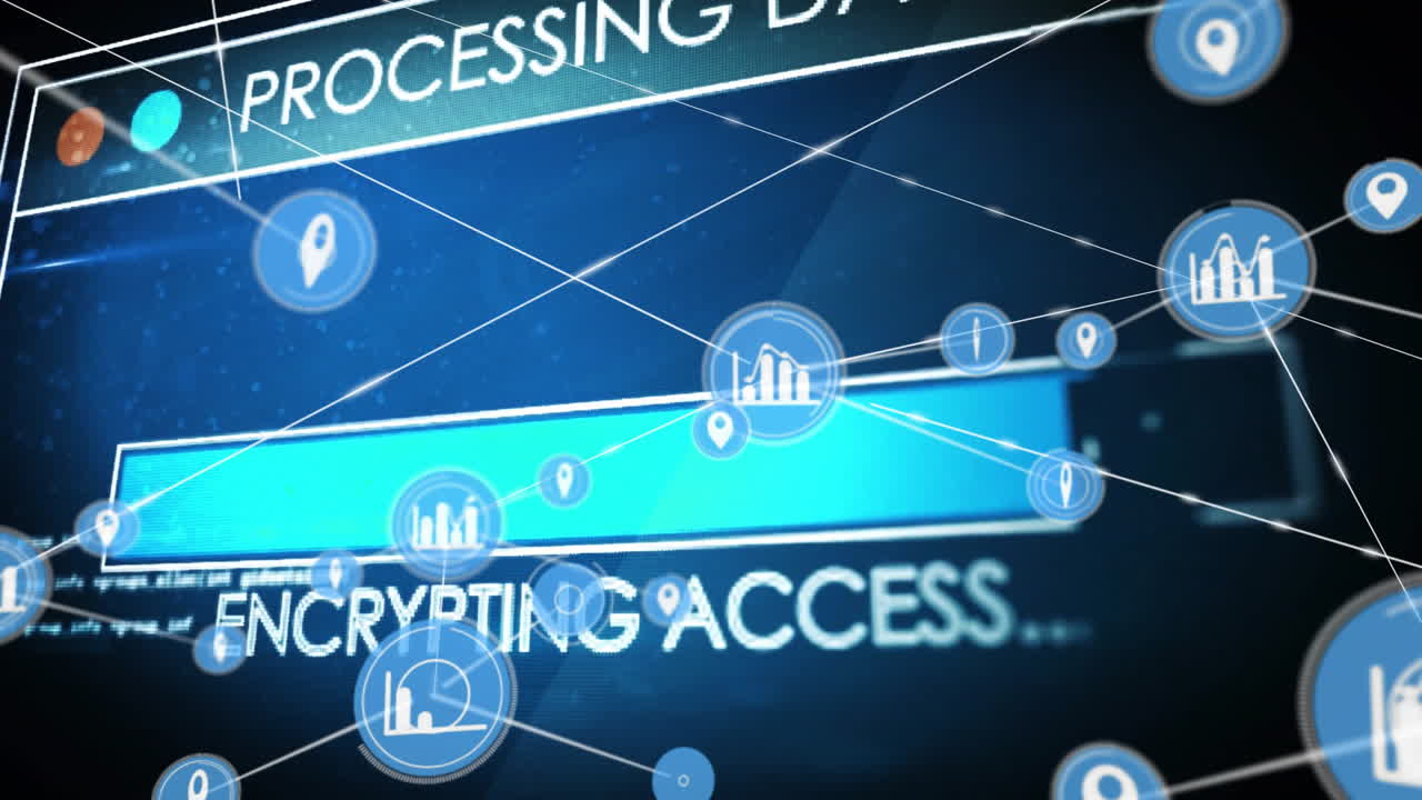 Animation of blue media icons and network of connections over data processing on black background