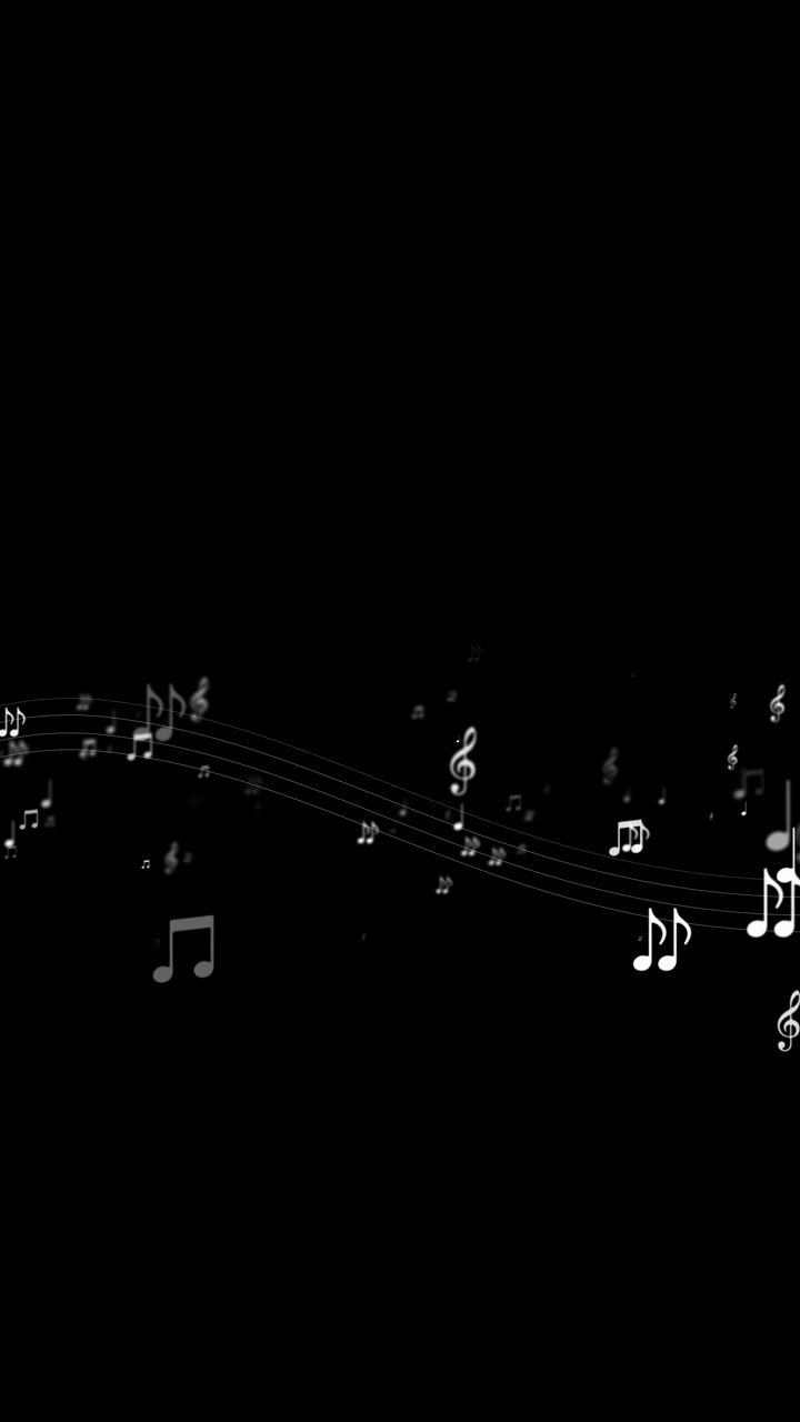 Monochrome floating music notes background with white symbols flowing staff lines soft blur and deep