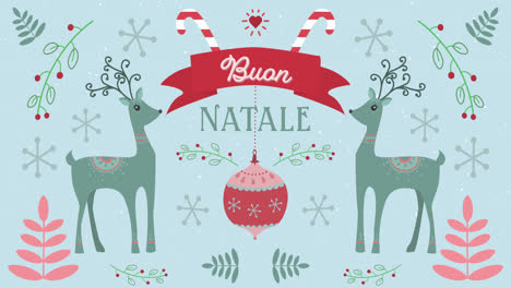 animation of buan natale words with moving deers on christmas decorations background