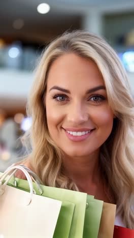 a woman is smiling and holding a bunch of shopping bags
